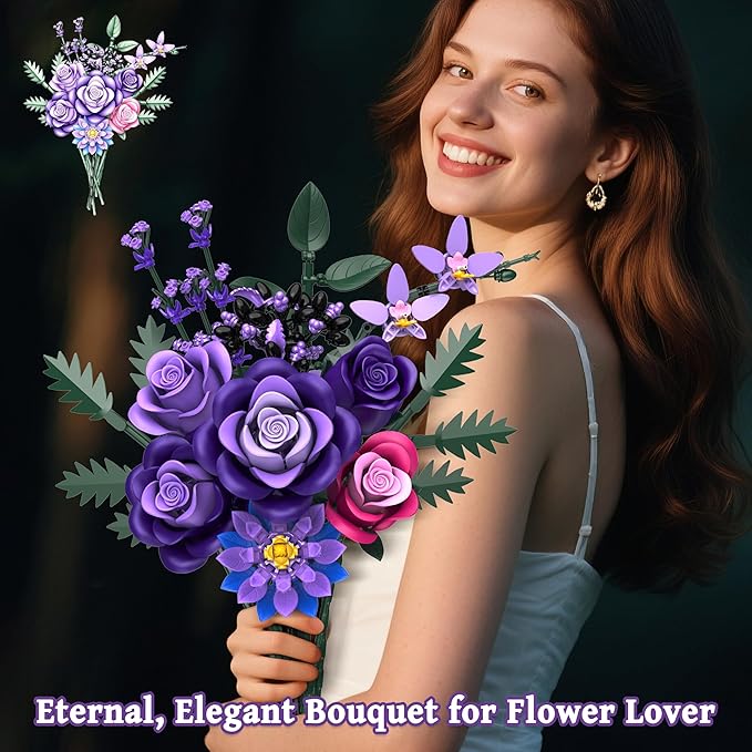 Purple Roses Flower Bouquet Building Sets, 834PCS Artificial Flowers Botanical Collection Compatible with Lego Flowers for Adults Gothic Decor, Gifts for Christmas Valentines Day