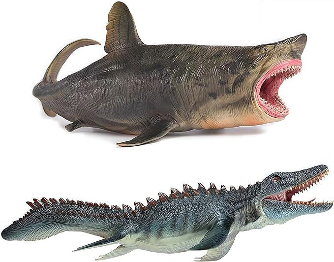 Gemini&Genius Mosasaurus and Megalodon Water Dinosaur Great White Shark Toys Set, Dinosaur with Sea Monster Set for Birthday Cake Toppers, Action Figure Toy Collections, Play or Display Toys for Kids