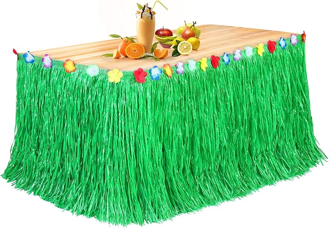 Fovths Luau Grass Table Skirt Natural 9 Feet x 29.5 Inch Hawaiian Table Skirt for Tropical Hawaiian Party Decorations Luau Party Costume Party, Green