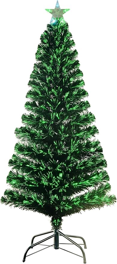 5FT Pre-lit Fiber Optic Christmas Tree with Lighted Star, PVC & Iron Construction, Green Artificial Christmas Tree with 195 Branch, Indoor Christmas Decorations, Holiday Home Xmas Decoration