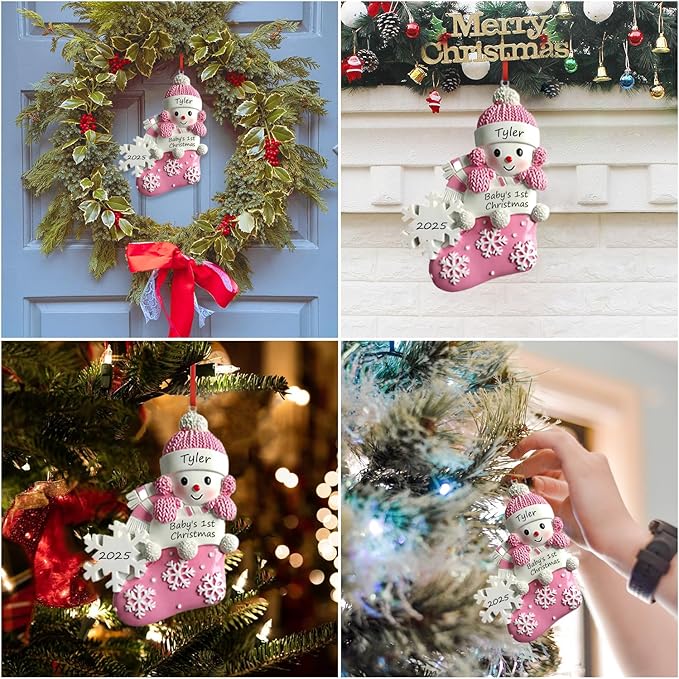 Personalized Ornament Baby's First Christmas 2025 Customized Snowman Ornaments with Name Xmas Tree Decoration Gifts for New Born Baby Girl (Pink)