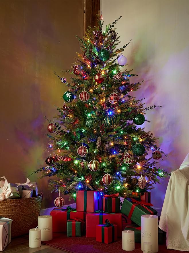 Artificial Christmas Tree with 300 Multi-Colored String Lights with 11 Modes, 6FT Prelit Christmas Tree with Red Berry and Pinecone, Xmas Tree with Foldable Stand Christmas Decorations Decor