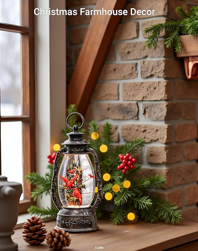 12" Christmas Snow Globe Lantern, Red Bird Music Box, Spinning Snowflake Glitter Water Lamp, USB and Battery Powered Christmas Decoration