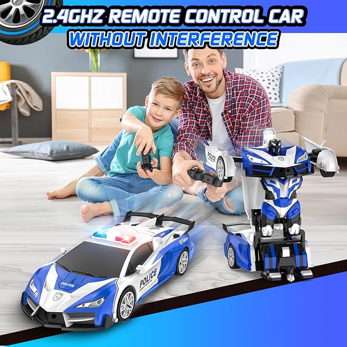 Remote Control Car, One-Button Transform Toys Car, 2.4GHz RC Cars 1:18 Scale, 360 Degree Rotation Police Car Toy Transforming into Robot Toy for Boys Girl Kids 4-7 8-12 6-8, Birthday