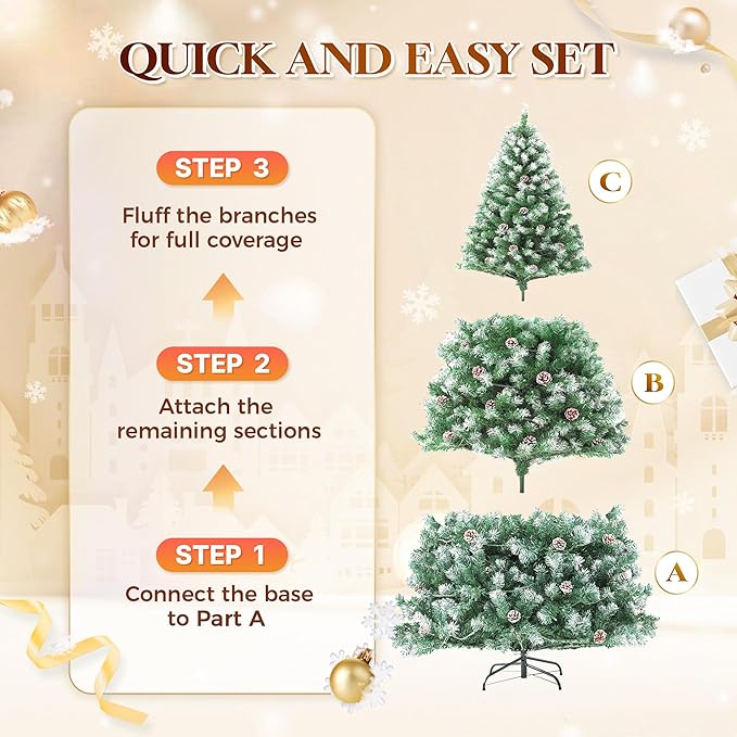 HOLLO STAR 6 ft Prelit Christmas Tree with 250 LED Lights, App Control, Artificial Christmas Tree, Multi-Color RGBW Lights, 914 Flocked Frosted Tips, 58 Pine Cones, Metal Base, for Home, Party