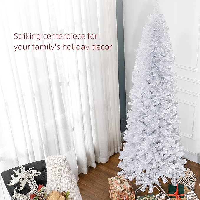 HOMCOM 7ft Pencil Christmas Tree, Unlit Artificial Christmas Tree Slim Douglas Fir Xmas Tree with Realistic Branches, Halloween Tree with 818 Tips, White