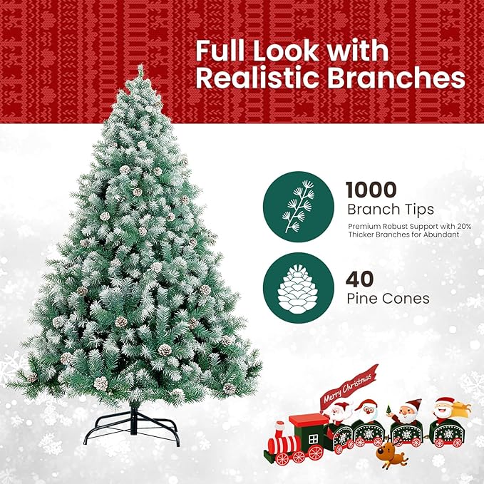 7ft Green Artificial Christmas Tree with Pine Cones and Snow Flocked Branches, Realistic Full Shape Xmas Tree with Sturdy Metal Stand for Indoor Holiday Decoration
