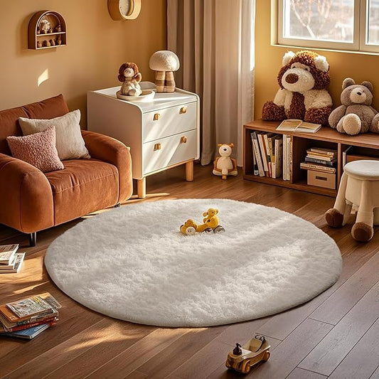Ophanie Round Rug 6Ft White Circle Area Rug, Aesthetic Room Decor, Fluffy Fuzzy Bedroom Carpet, Plush Soft Shaggy Living Room Rugs for Kids Home Decor, Nursery