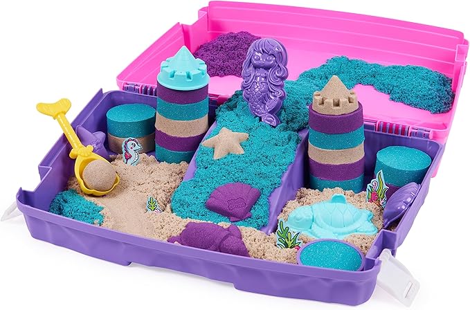 Kinetic Sand, Mermaid Palace Playset with 2.06lbs Play Sand (Neon Purple, Shimmer Teal & Beach), Tools & Folding Sandbox, Sensory Toys for Kids