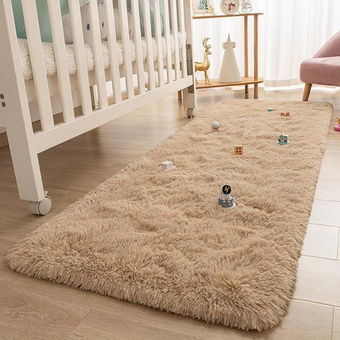 2x6 Beige Fluffy Bedside Runner Rug Machine Washable, Shag Throw Bedroom Rugs Non Slip, Hallway Small Area Long Plush Carpet for Nursery, Kid Boy Girl Room