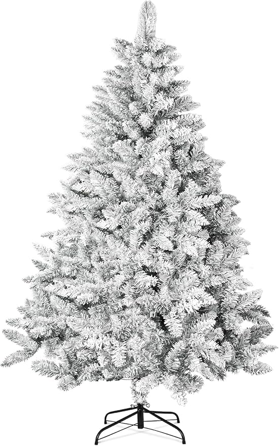 6FT Premium Artificial Christmas Tree, Snow Flocked Hinged Pine Tree w/1000+ Snowflake Branches, Solid Metal Stand for Holiday Decoration Indoor Outdoor Use