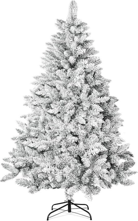 6FT Premium Artificial Christmas Tree, Snow Flocked Hinged Pine Tree w/1000+ Snowflake Branches, Solid Metal Stand for Holiday Decoration Indoor Outdoor Use