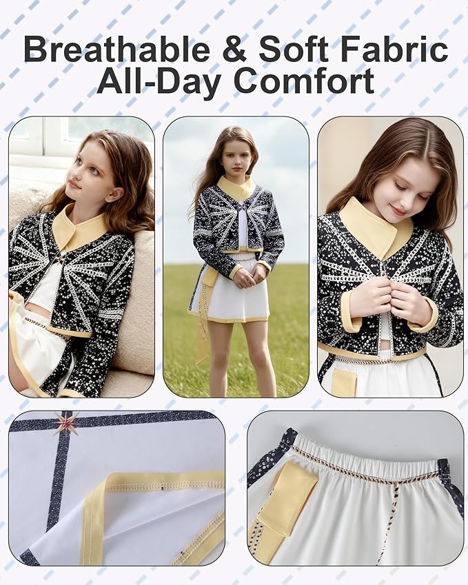 Pop Singer Costume Set for Girls, Halloween Stage Performance Outfit with Outerwear, T-Shirt & Skirt