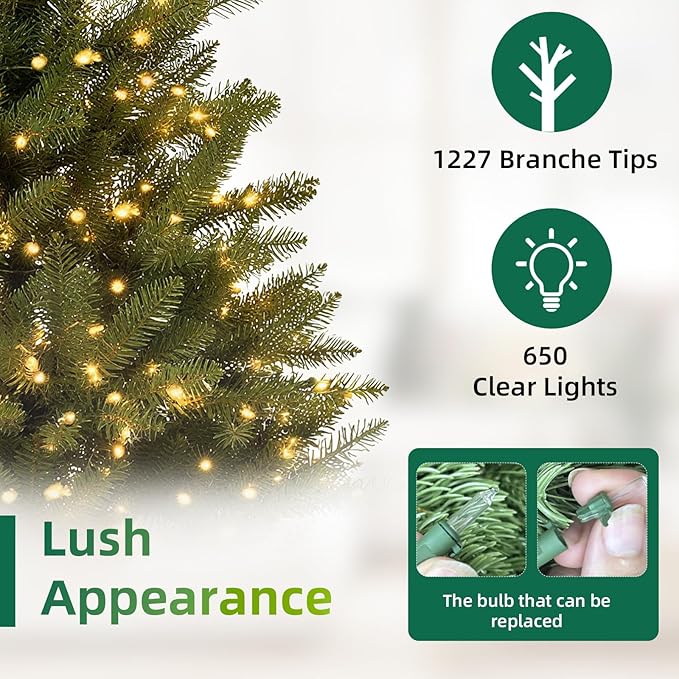 6FT Pre-Lit Artificial Christmas Tree with 500 White Lights, 1430 PVC Branch Tips,Green Dunhill Fir Xmas Tree, Foldable Metal Base for Home, Party Holiday Décor