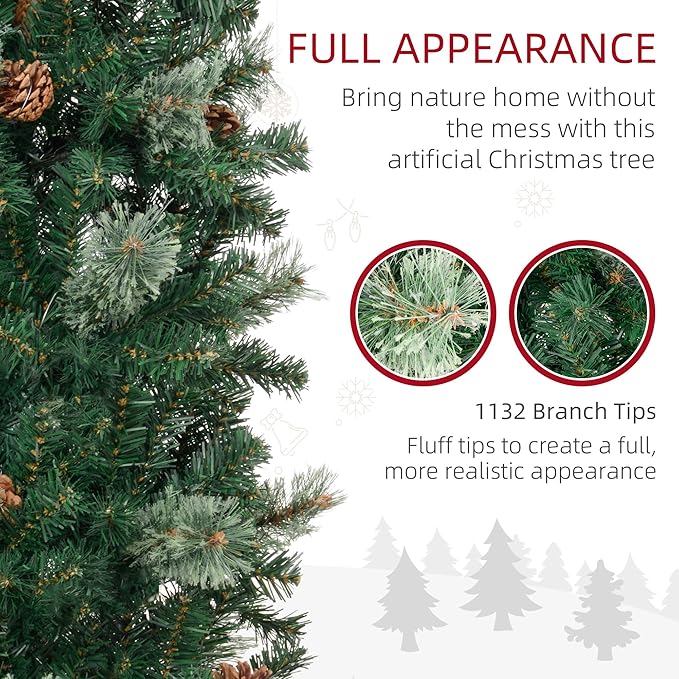 HOMCOM 9.5 Foot Pencil Artificial Christmas Tree, Slim Pine Needles Xmas Tree with Realistic Branches, Pine Cones, Metal Base, Green