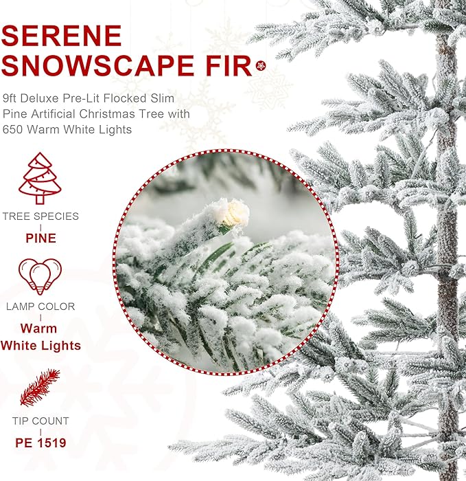 Glitzhome 9ft Flocked Christmas Tree, Deluxe Pre-Lit Artificial Christmas Tree, Large Xmas Serene Snowscape Fir Tree with 650 Warm White Lights and 1519 PE Tips for Holiday Home Party Decor