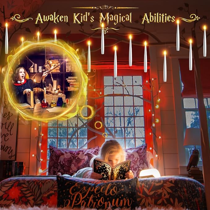 Floating Candles with Wand - Halloween Decorations Magic Flameless Candles Flickering Warm Light LED Hanging Candle Remote, Battery Operated Candles for Christmas Outdoor Indoor Party Decor