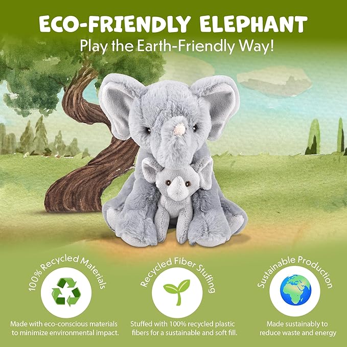 Mom and Baby Stuffed Animals for Boys & Girls, Safari Baby Shower Decorations, Nursery Decor, Zoo Animals for Toddlers, Quality Realistic Toy for Kids, Cute, Soft, Huggable, Squeezable (9.5" Elephant)