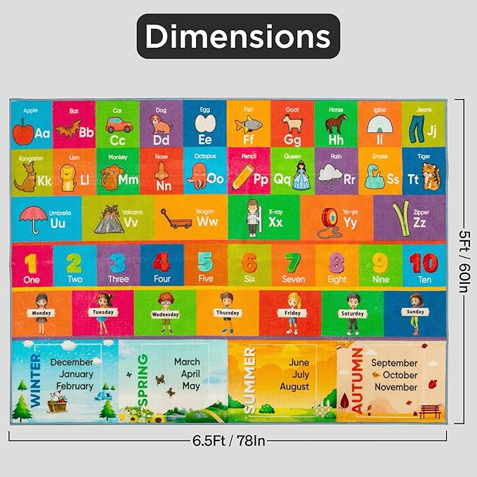 ABC Rug - Educational Rug for Kids, Classroom & Playroom, Durable & Washable, 33 sq ft, Red, Letter Print, Rectangular, Non Slip, Parent (6.5 FT X 5 FT)