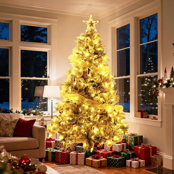 7ft White Artificial Christmas Tree with Snow Flocked Branches, Realistic Full Shape Xmas Tree with Sturdy Metal Stand for Indoor Holiday Decoration