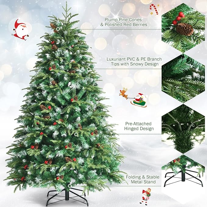 GOFLAME 6ft Pre-Lit Artificial Christmas Tree, Realistic Xmas Tree w/ 899 Branch Tips, 350 Multi-Color LED Lights, 35 Pinecones & Red Berries, Pine Tree w/ 11 Flash Modes for Holiday Decoration, Green