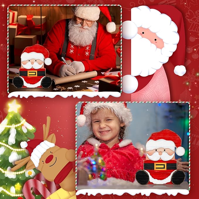 Britimes 4 Pcs Christmas Santa Table Decor Christmas Tiered Tray Decorations Set Santa Stack Block Signs Gift Rustic Farmhouse Tabletop Decor for Table & Home Office