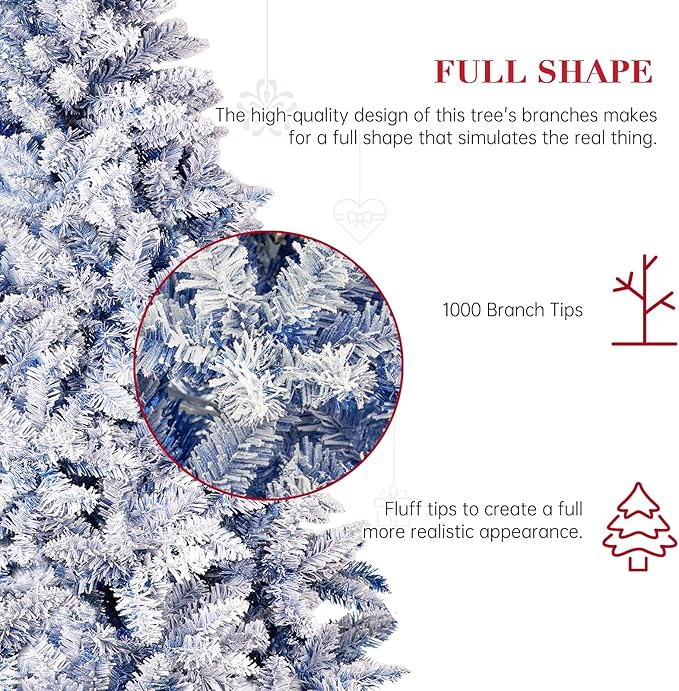SUNCROWN 6ft Artificial Flocked Christmas Tree Premium Frosted Snow Christmas Tree Hinged Xmas Tree Holiday Decor for Indoor Outdoor, Foldable Metal Stand, 1000 Branch Tips, Dark Blue
