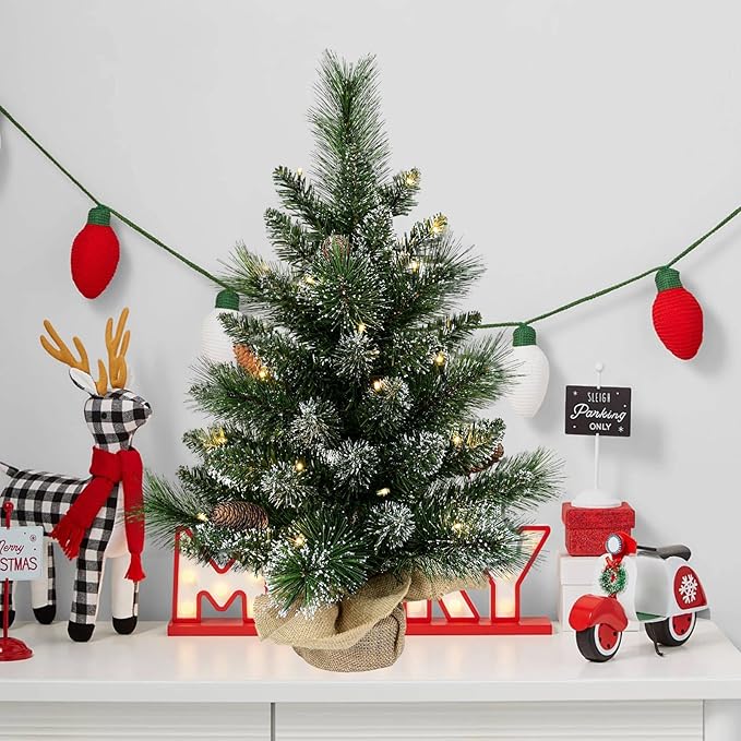 Pre-lit Artificial Mini Christmas Tree, 2ft Snow Tipped Pine Artificial Small Christmas Tree, Includes 30 Led Warm Lights, Seasonal Indoor Home Tabletop Decor with Decorative Burlap Base