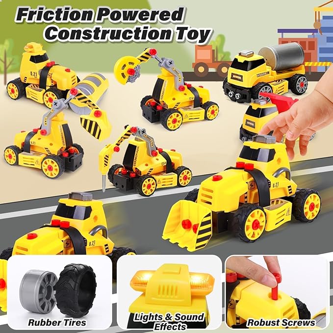 7 in 1 Take Apart Toys with Electric Drill Take Apart Truck Toys Construction Set DIY Engineering Building Toy Push Go STEM Toy Gift for Boys Toys Ages 4-7 Years Old