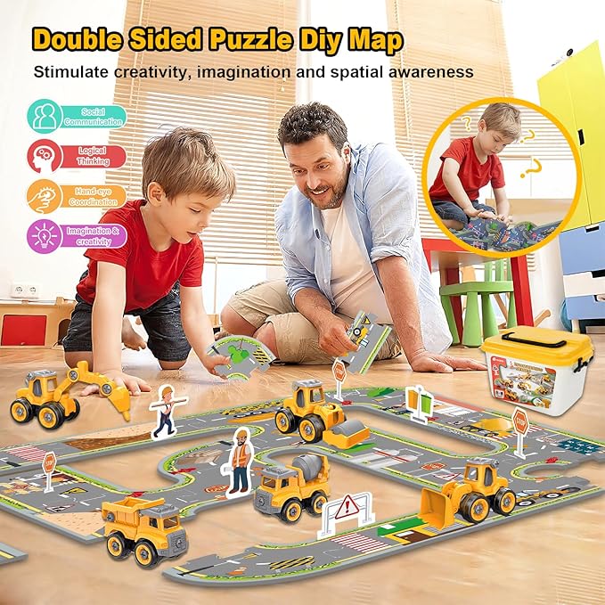 Take Apart Construction Truck Toys for Kids Ages 3-8 | STEM Learning Building Kit with Electric Drill Tool & Puzzle Play | Educational Engineering Toys Gift for Boys Girls Toddlers (Birthday, Holiday)