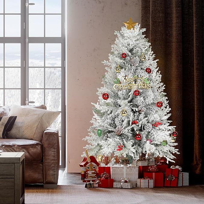 4ft Premium Hinged Artificial Holiday Christmas Tree for Home, Office, Party Decoration Snow Flocked Xmas Pine with 500 Branch Tips, Easy Assembly, Metal Hinges & Base (White)