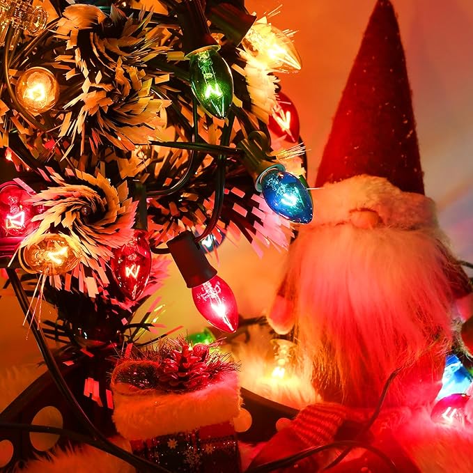 50FT C7 Multicolor Christmas Lights Outdoor, Vintage Christmas Light Green Wire with 55 Clear Multicolored Bulbs (5 Spare), Outdoor String Lights for Xmas Tree Home Yard Wedding Party Decorations