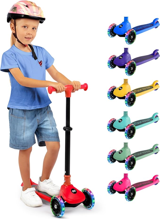 SereneLife 3 Wheel Foldable Kids Scooter - Foldable Seat, LED Wheel Lights, Adjustable Handlebar, Rear Foot Brake, Lean-to-Steer, Anti-Slip Deck, Ideal for Toddlers Kids 3+, up to 110Lbs