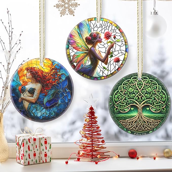 3.5 Inch Ceramic Christmas Tree Ornament, Enchanting Fairy & Rose Christmas Ornaments, Heirloom Keepsake, Gift Exchange, Gift Idea, Bauble Present