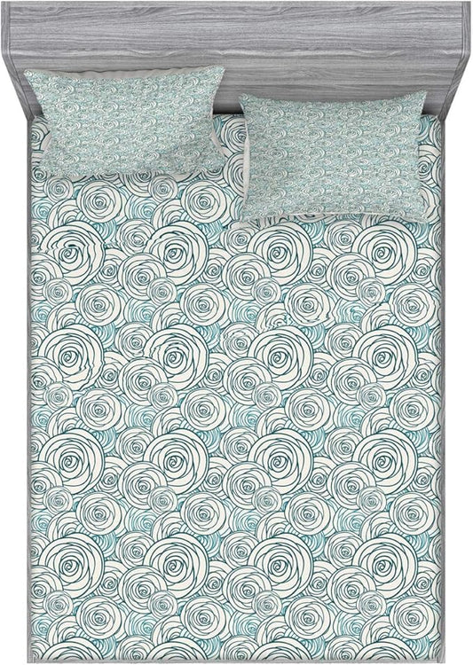 Ambesonne Rose Fitted Sheet & Pillow Sham Set, Doodle Style Outlines of Rose Blossoms Spring Nature Inspired Artwork, Decorative Printed 3 Piece Bedding Decor Set, Full, Dark Teal Teal and Cream