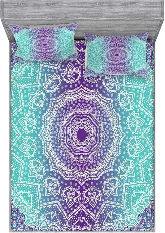 Ambesonne Purple and Turquoise Fitted Sheet & Pillow Sham Set, Hippie Ombre Mandala Inner Peace and Meditation with Ornamental Art, Decorative Printed 3 Piece Bedding Decor Set, Queen, Aqua