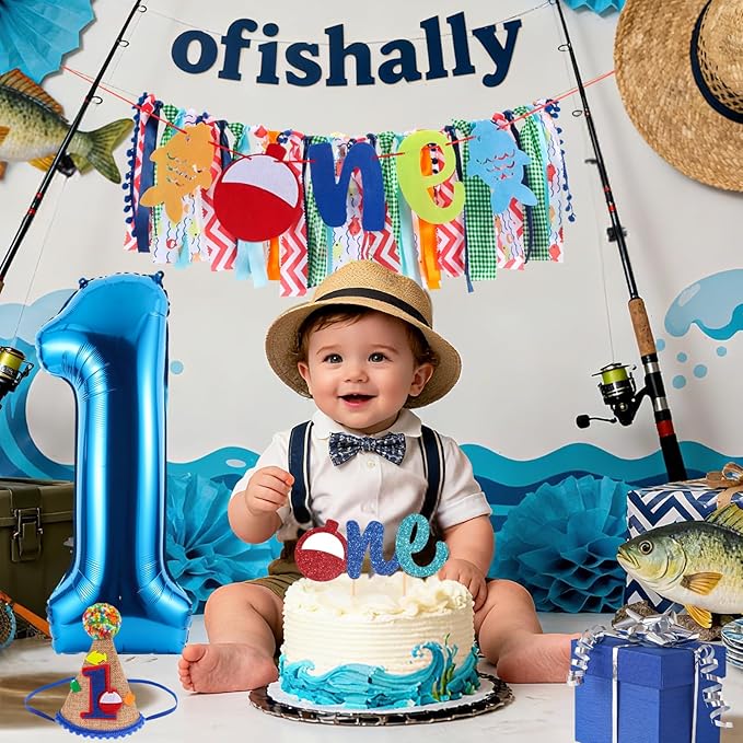 Ofishally Highchair Banner for Baby First Birthday Party Decorations Gone Fishing High Chair Tassel Garland Ofishally One Birthday Party Supplies for Boy 1st Bday Photo Props Backdrop Decors