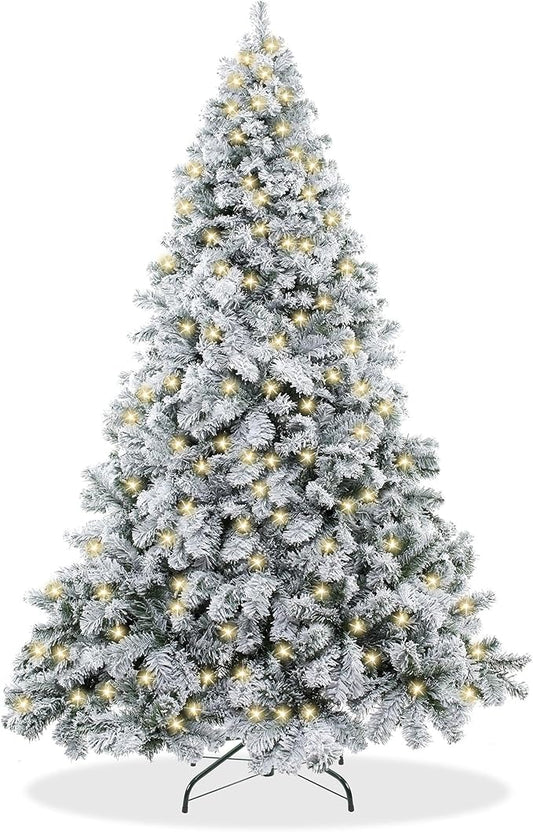 Casafield 7.5FT Pre-Lit Realistic Snow-Flocked Pine Artificial Holiday Christmas Tree with Sturdy Metal Stand