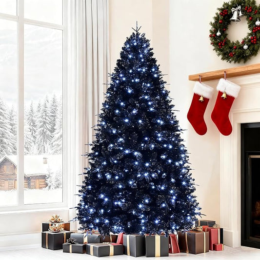 7.5FT PreLit Black Christmas Tree with 500 Lights, Artificial Fake Christmas Tree with 2156 PE&PVC Branch Tips, Halloween and Xmas Tree for Holiday Decorations, Metal Stand and Hinged Branches