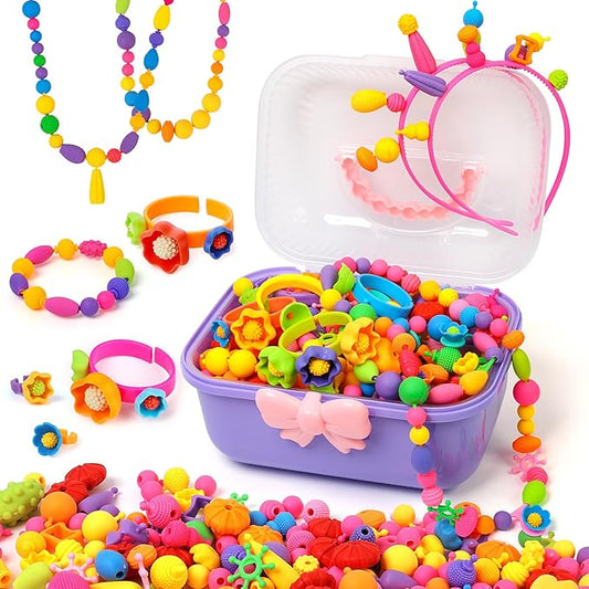 MagicKidz Jewelry Making Kit for Kids Aged 3-7 - Arts and Crafts Birthday Gift for Girls 3 4 5 6 7 Years Old, 540+Pcs DIY Pop Bead Craft Toy for Necklaces and Bracelets