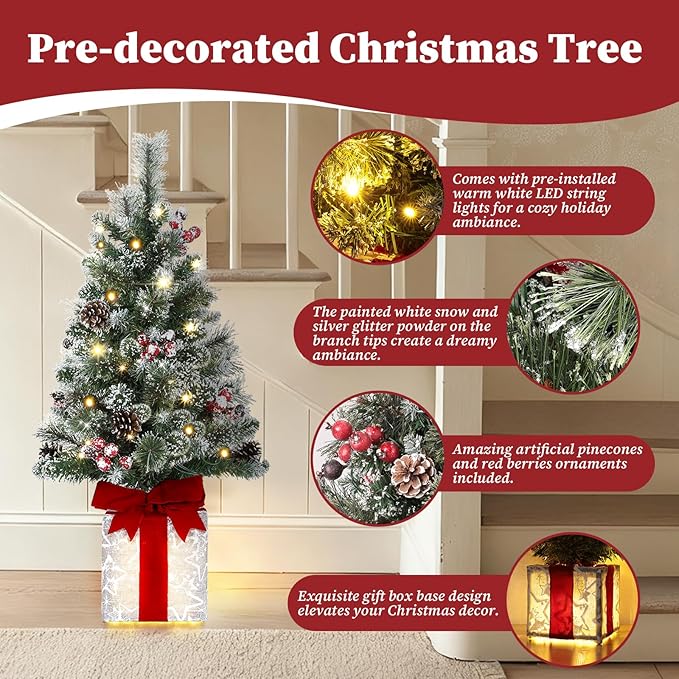 Brightever 3FT Small Christmas Tree, Pre-lit Artificial Mini Christmas Trees with 60 Warm White LED Lights and Unique Gift Box Base, Plug in Outdoor Flocked Xmas Trees for Porch, Tabletop, Green