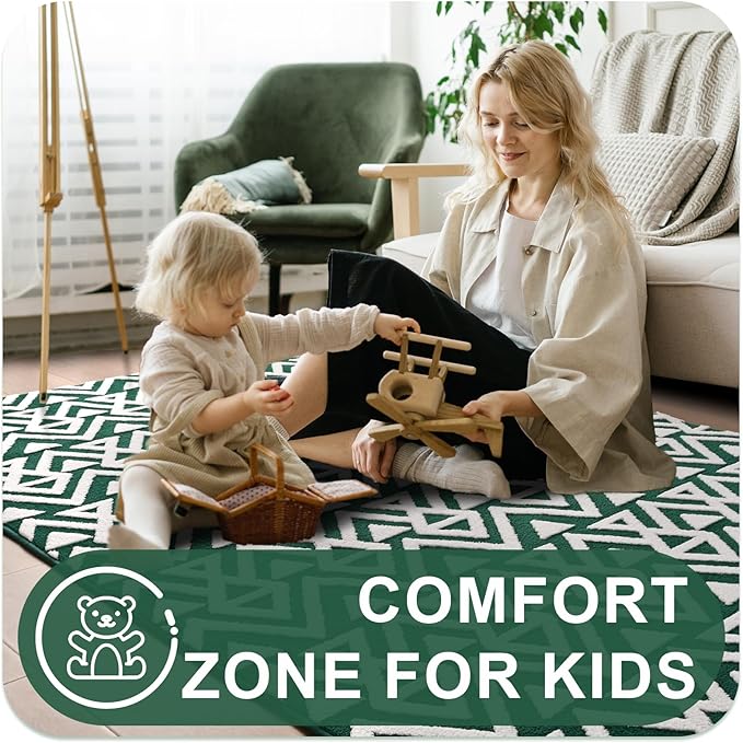 Ompaa Ultra Soft Shaggy Rugs Memory Foam Bedroom Carpet, Green and White 3x5 Feet, Plush Geometric Textured Area Rugs for Living Room Couch Dorm Bedside Kids Girls Teens Room Nursery Decor Floor Mat