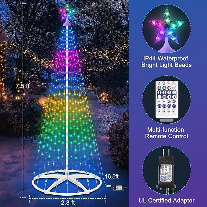 Smart Lighted Christmas Tree, 7.5Ft 310 LEDs Prelit Cone Tree Lights with Music Sync, Remote & APP Control, Million Colors DIY Artificial tree, Christmas Light Show Tree for Indoor Outdoor Decorations