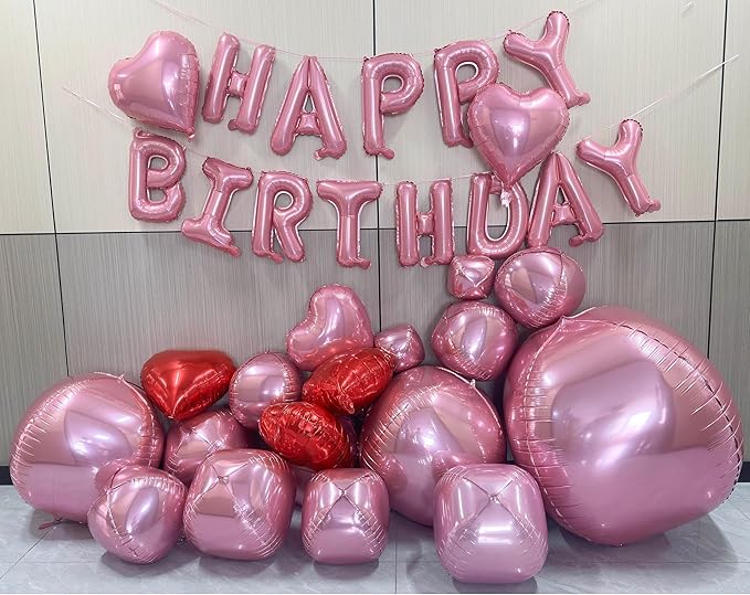 Pink Birthday Decorations with 16pcs Large 4D Foil Balloons in Different Size (10-50 Inch) + 6pcs 18" Heart Balloons + 16” Happy Birthday Banner for Indoor Outdoor Party Decorations (Pink)