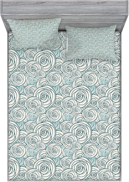 Ambesonne Rose Fitted Sheet & Pillow Sham Set, Doodle Style Outlines of Rose Blossoms Spring Nature Inspired Artwork, Decorative Printed 3 Piece Bedding Decor Set, Queen, Dark Teal Teal and Cream