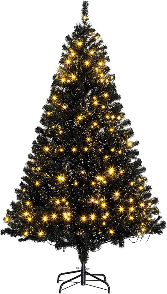 HOMCOM 6' Tall Prelit Christmas Tree Douglas Fir Artificial Christmas Tree with Realistic Branches, 250 Warm White LED Lights and 1000 Tips, Black