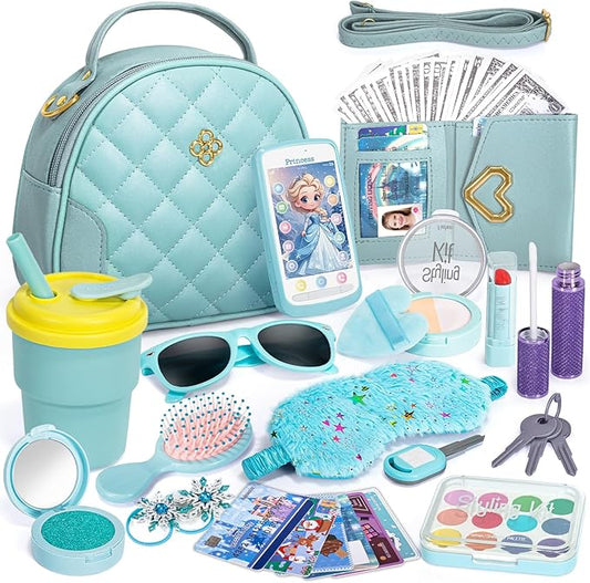 Play Purse for Little Girl, Princess Frozen Toy Purse with Accessories, Pretend Makeup Set, Handbag, Wallet, Water Bottle, Birthday Toy for Girl 3 4 5 6 7 8 Year Old