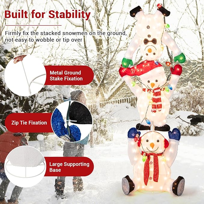 Tangkula 5.6 FT Lighted Christmas Stacked Snowmans Decoration, Pre-Lit Snowman Ornament with LED Lights, Light String, Outside Xmas Yard Decor, Xmas Display Indoor Outdoor Holiday Decor