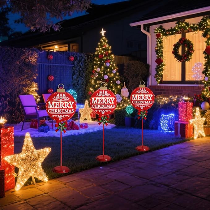 Merry Christmas Sign with LED Light Battery Operated with Timer Christmas Signs with Base Xmas Holiday Decorations Patio Lawn Yard Outdoor Display Decor Round