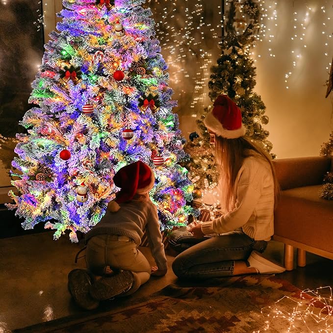 7.5ft Pre-Lit Snow Flocked Christmas Tree W/550 Multicolored LED Lights 11 Remote Modes, Artificial Xmas Tree W/Remote/Timer, 1405 PE & PVC Branch Tips, Holiday Décor,Home, Office,Foldable Metal Stand